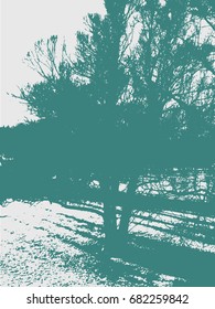 Park landscape with bare trees, branches, forest. Grunge texture, card. Vector illustration.