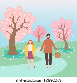 Park landscape with cherry blossom and walking couple. Vector Illustration.