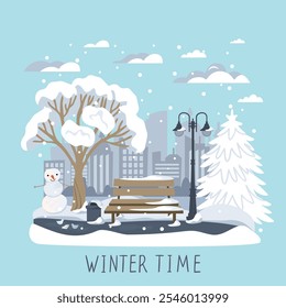 Park landscape with cute snowman,tree,spruce,bench and lantern.Winter background with snowy plants,clouds and snowfall.High rise building in the backdrop.Seasonal vector illustration in flat color.