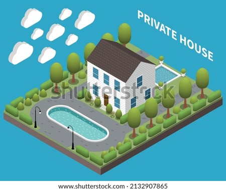 Park landscape design concept with private house isometric vector illustration