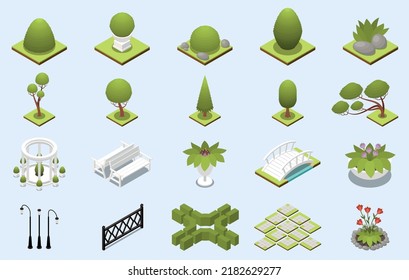 Park landscape design with nature elements isometric set isolated vector illustration