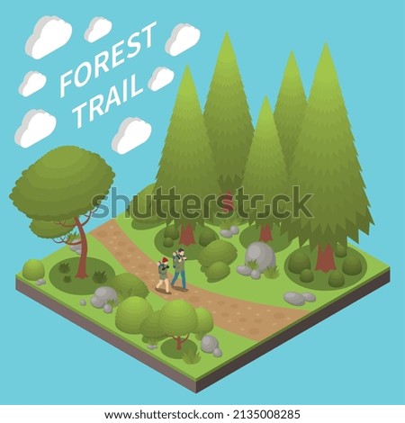 Park landscape elements concept with forest trail isometric vector illustration