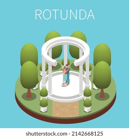 Diseño de elementos de paisaje de parque con ilustración vectorial isométrica romántica rotunda