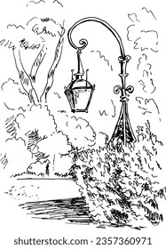 Park landscape with lantern and trees. Black and white hand drawn illustration