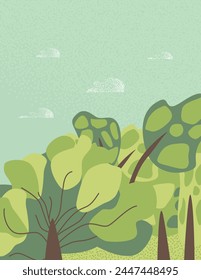Paisaje del parque de fondo natural. Abstractas Plantilla de Anuncio con árboles. Tarjeta con decoración de ambiente de naturaleza. Vector texturizado ilustración plana