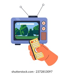 Park landscape on 1970s tv 2D illustration concept. Control clicking isolated cartoon character hand, white background. Forest tranquil on retro television metaphor abstract flat vector graphic
