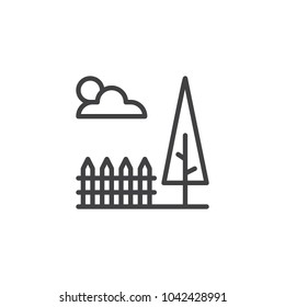 Park landscape outline icon. linear style sign for mobile concept and web design. Tree, fence and cloud with sun simple line vector icon. Symbol, logo illustration.