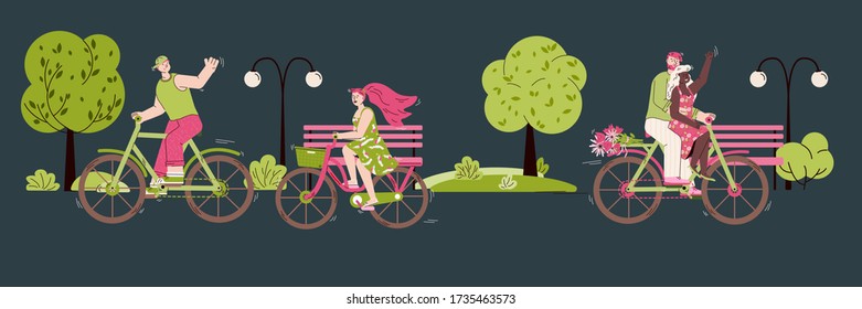 Park landscape with people riding bicycle cartoon vector illustration.