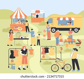 Park landscape with people selling food and clothes at fair. Flyer with garage sale scene, crowd at event flat vector illustration. Community, shopping, festival concept for banner or landing web page