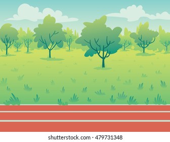 Park landscape with running track in flat cartoon style. Environment with green trees, grass and track. Vector illustration of park background for your design or part of your artwork.