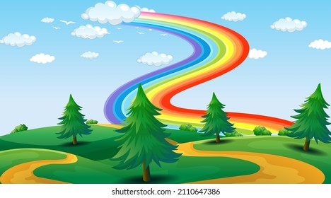 Park landscape scene with rainbow in the sky illustration