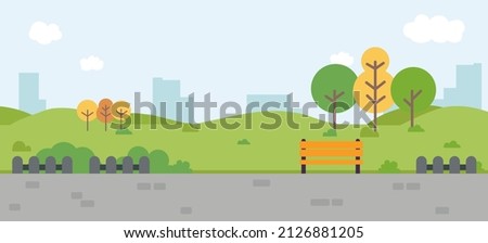 Park Landscape scene vector illustration. Nature with buildings, trees, clouds, and sky.Public park with path in urban