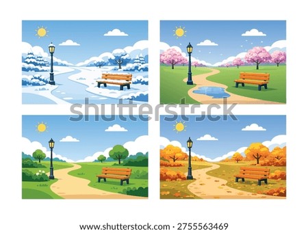 Park landscape showing four seasons: winter, spring, summer and autumn with bench and trees.
