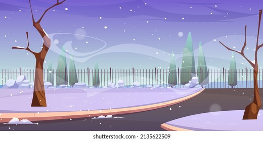 Park landscape with snow, bare trees and fence in winter. Vector cartoon illustration of empty street or public garden with paths, metal fencing and snowfall
