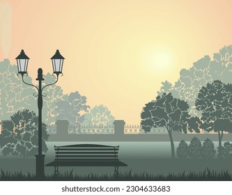 Park landscape, street lantern, bench, fence, trees, vector illustration.