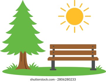 Park landscape with tree, bench and sunny weather illustration