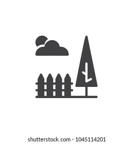 Park landscape vector icon. filled flat sign for mobile concept and web design. Tree, fence and cloud with sun simple solid icon. Symbol, logo illustration. Pixel perfect vector graphics