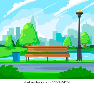 Сity park landscape. Park view background. Public park in the city with lake and wooden benches. Green large public garden, family place for rest and sports. Vector illustration.