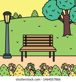 park landscape with wooden chair scene