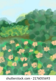 Park with leaves , flowers painting in watercolors illustrations For wallpaper, background, social media posts, covers design idea, Wall decor, home decoration, notebook covers idea, templates