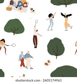 Park Leisure Seamless Pattern. Various outdoor activities like picnicking, walking, and playing badminton, creating a warm community feel. White background. Flat vector illustration.