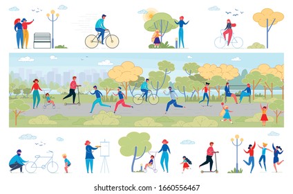 Park Life Activities Flat Vector Illustrations Set. Men, Women and Children Spend Time on Fresh Air Cartoon Characters. City Park Panorama and Active People Isolated on White Background