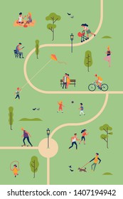 Park life concept design with park trails and people enjoying theirselves in a park. People walking, relaxing, having fun and playing in a park