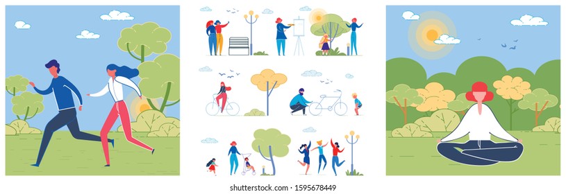 Park Lifestyle Flat Vector Illustrations Pack. Healthy People in Different Outdoor Activities Cartoon Characters. Sportive Couple Jogging Outside. Young woman Meditating on Fresh air
