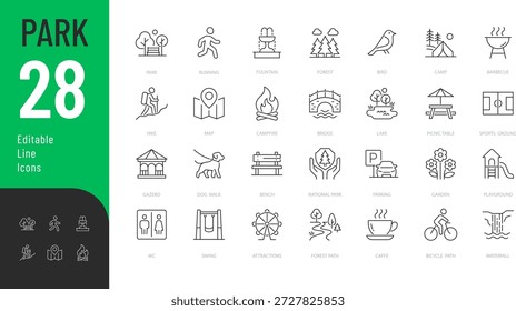 Conjunto de iconos editables de la línea de parque. Ilustración vectorial en estilo delgado moderno de iconos relacionados con el aire libre: picnic, camping, senderismo y más. Aislado sobre fondo transparente.