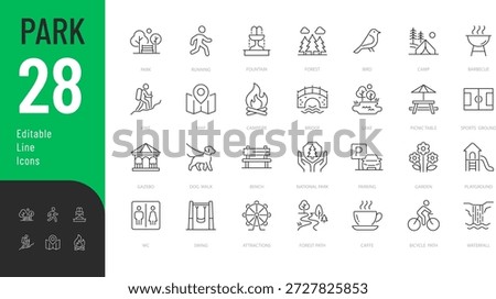 Park Line Editable Icons set. Vector illustration in modern thin style of outdoor related icons: picnic, camping, hiking, and more. Isolated on transparent background.