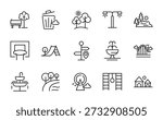 Park line icon set. Bench, gardening, forest, camp, picnic, playground, recreation, winding paths, picnic table, fence outline icons. Vector illustration