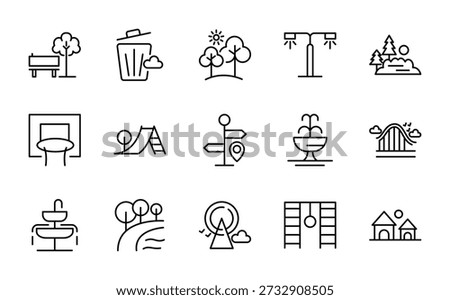 Park line icon set. Bench, gardening, forest, camp, picnic, playground, recreation, winding paths, picnic table, fence outline icons. Vector illustration