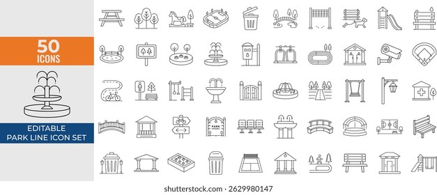 Park Line Icon Set – Editable Stroke Outline Icons of Dog Walk, Kiddie Ride, Bench, Rocking Horse, Gardening, Playground, Recreation and More