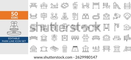Park Line Icon Set – Editable Stroke Outline Icons of Dog Walk, Kiddie Ride, Bench, Rocking Horse, Gardening, Playground, Recreation and More