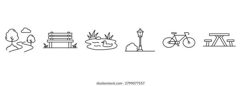 Park line icons including path, trees, wooden bench, duck pond, street lamp, bicycle, picnic table, vector illustration.