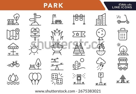 Park linear icon set. Trees, benches, playground, nature, recreation, outdoor, greenery, picnic, walking, environment, vector outline icon set. UI thin line icon pack