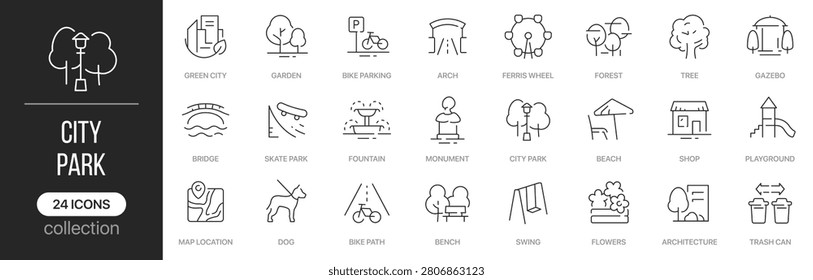park linear icons covering public recreation and urban landscape concepts. Contains gardens, playgrounds, bike paths, fountains, monuments, trees