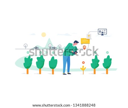 Park maintenance. Field worker controlling greenery and trees in the park - sending data from mobile device. Modern flat design vector illustration.