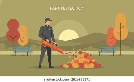 Park maintenance worker using professional leaf blower to clean autumn leaves from lawn during sunset.
