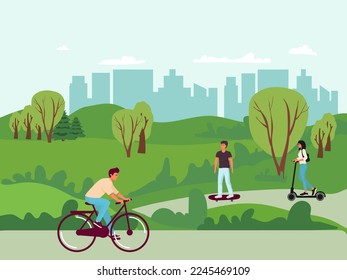 park, man riding a bicycle, scooter, skateboard. City park activity, season walk pleisure. Happy woman man jumping and playing. Parents walking with children vector illustration