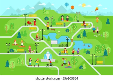 Park map infographic elements in flat vector design. People spend time relax in nature. Men, women and children rest in the park, jog, ride the bicycle, skateboard. Park map with tree, lamp, bench.