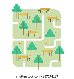 Park map. Path and tree. Bench and squirrel. Square landscape