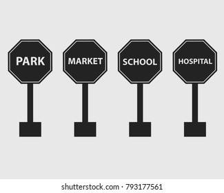 Park, Market, School and Hospital Sign Icon  of Highway with gray Background.