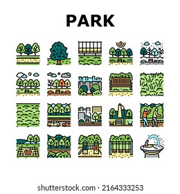 Park Meadow Nature And Playground Icons Set Vector. Park Green Leaves Tree And Bush, Foliage Forest Wood And Picnic Grass Lawn, Drinking Fountain And Swing, Bench And Light Color Illustrations