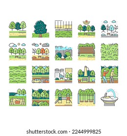 Parque Natural Meadow E Iconos De Playground Set Vector. Árbol De Hojas Verdes Park Y Bush, Madera Forestal Foliage Y Césped De Grasa Picnic, Fuente Y Swing Bebidas, Banca E Ilustraciones De Color Ligero