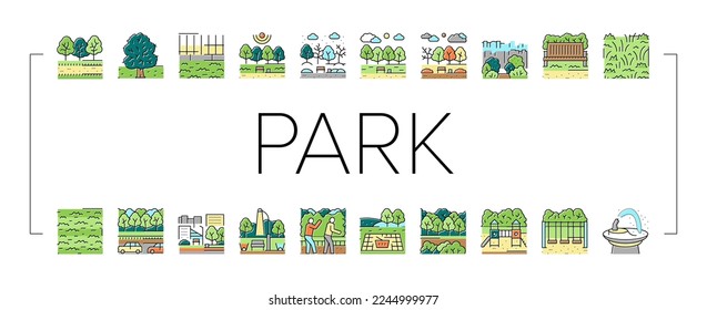 Parque Natural Meadow E Iconos De Playground Set Vector. Árbol De Hojas Verdes Park Y Bush, Madera Forestal Foliage Y Césped De Grasa Picnic, Fuente Y Swing Bebidas, Banca E Ilustraciones De Color Ligero