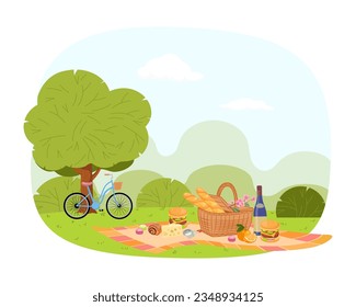 Park or meadow with picnic blanket and food vector illustration. Cartoon drawing of bicycle near tree, basket with food for adventure or weekend trip. Outdoor activity, summer, picnic concept