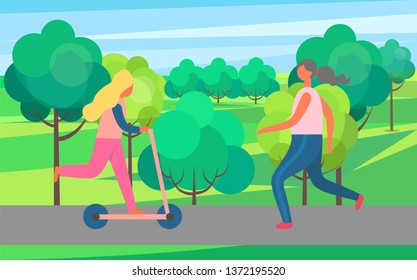 Park, morning jogging and girl on kick scooter vector. Woman running along path, fitness and outdoor activity, morning exercise and nature, workout