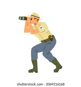 Park or nature reserve ranger in uniform watching with binoculars, flat vector illustration isolated on white background. Ranger officer or forester character.