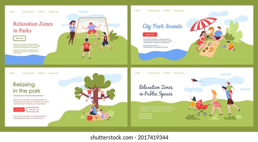 Park nature, template landing banner set, vector illustration. Man woman people character relax city public zones, web page. Summer recreation with family, play football, have picnic collection.